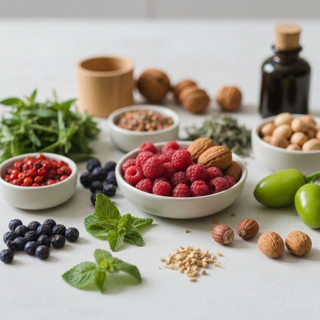 Close-up of natural ingredients including herbs, berries, nuts and vegetables