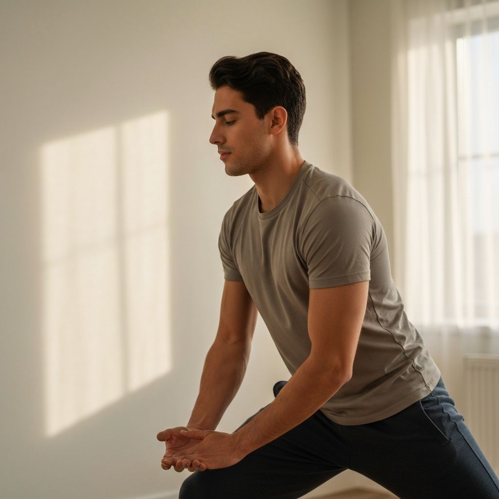 Person doing gentle morning stretches with natural light